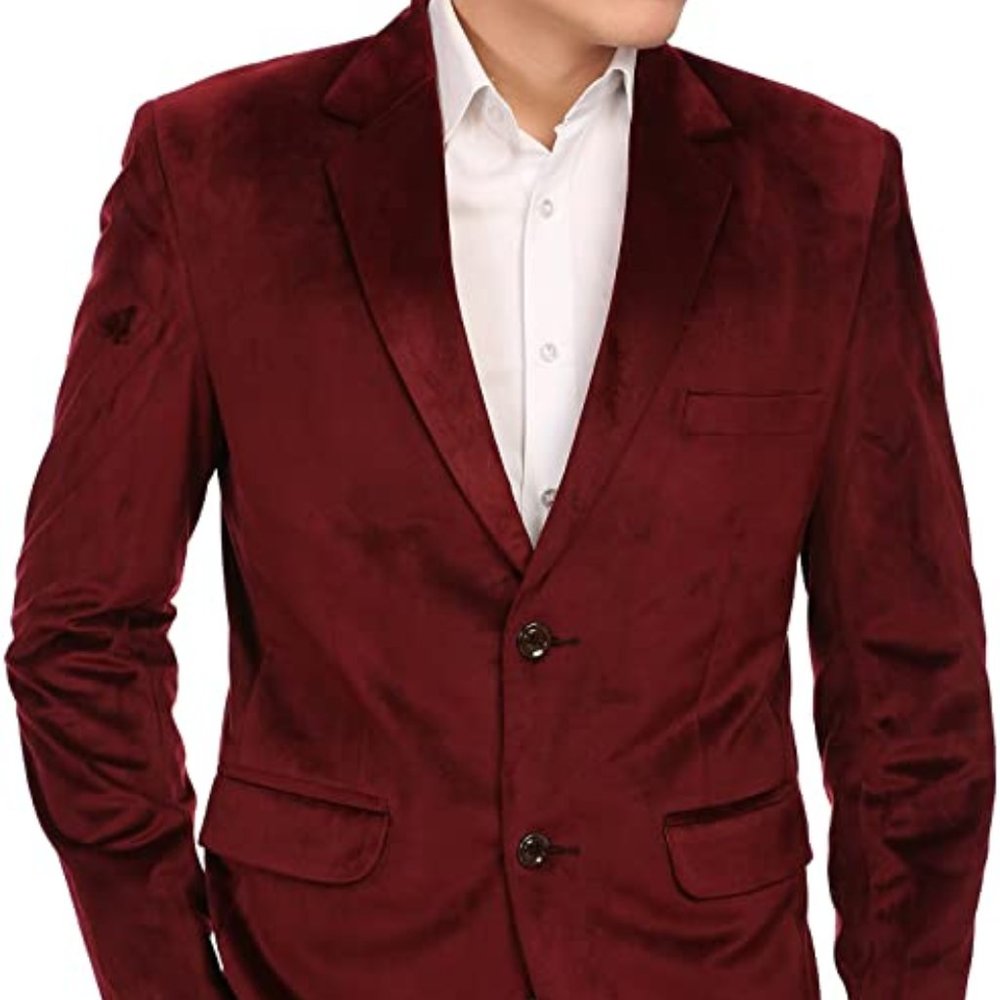 WINTAGE Men's Velvet Two Buttoned Notch Lapel Party Maroon Coat Blazer